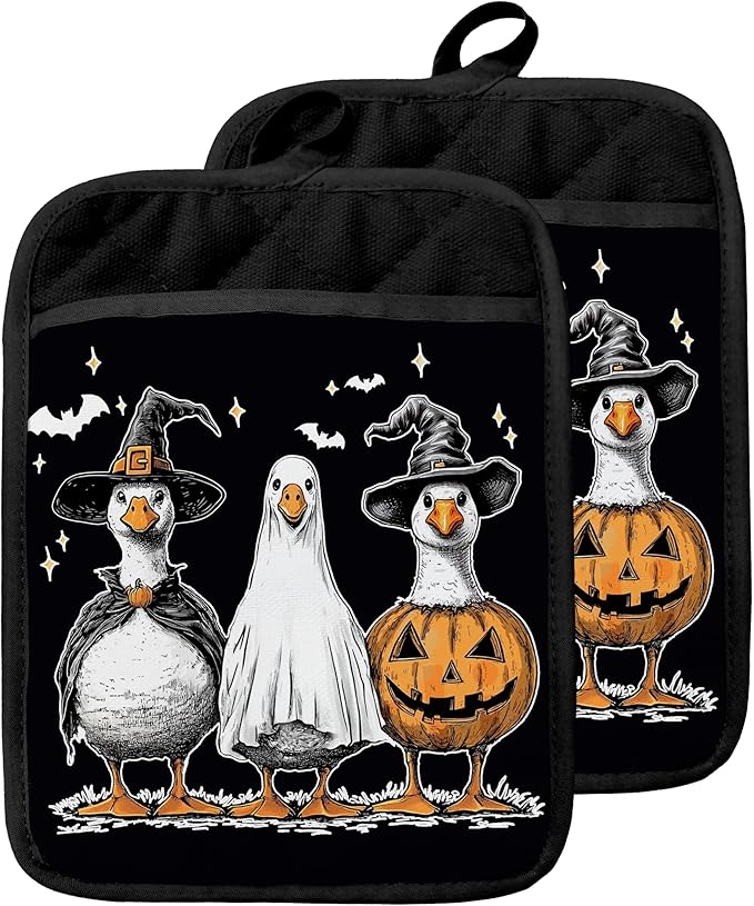 Halloween Witchy Goose Pot Holders with Pockets, Vintage Pumpkin Ghost Funny Goose Halloween Oven Pot Holders Heat Resistant Oven Mitts Hot Pads for Kitchen Baking Cooking