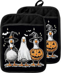 Halloween Witchy Goose Pot Holders with Pockets, Vintage Pumpkin Ghost Funny Goose Halloween Oven Pot Holders Heat Resistant Oven Mitts Hot Pads for Kitchen Baking Cooking