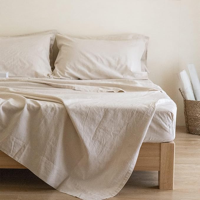 Simple&Opulence Belgian Linen Sheet Set Solid Color - 6 Pieces (1 Flat Sheet & 1 Fitted Sheet & 4 Pillowcases) 16" Deep Pocket Natural Flax Cotton Blended Soft Bedding - Linen, California King