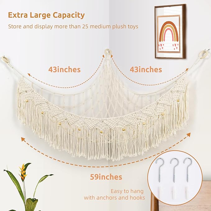 FLOCNOKY Large Stuffed Animal Net or Hammock, Stuffed Animal Storage Macrame Toy Hammock Hanging Net for Stuffed Animals Corner, Plushie Net Hammock Toy Organizer for Boho Kids Room Nursery Playroom