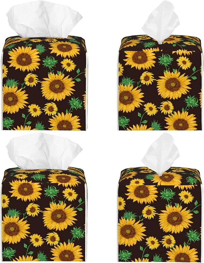 POIUBLE Sunflower Tissue Box Cover Leather Tissue Box Holder Square Facial Paper Organizer Dispenser for Bathroom Kitchen Bedroom Vanity Countertop Night Stands