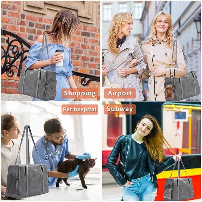 Lasaviin Fashion Dog Purse Pet Carrier Leather Bag for Small Dogs Cats Puppy, Portable Tote Bag Airline Approved Soft-Sided Carriers (Grey)