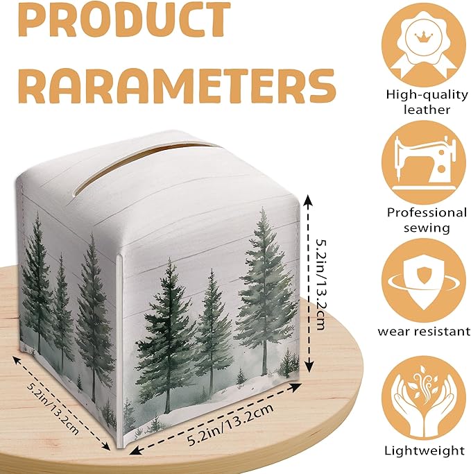 Winter Pine Tree Tissue Box Holder, Christmas Tree Leather Tissue Box Cover Square with Bottom Belt, Paper Facial Decorative Tissues Cover for Night Stands Bathroom Kitchen Office Home Decor-B21