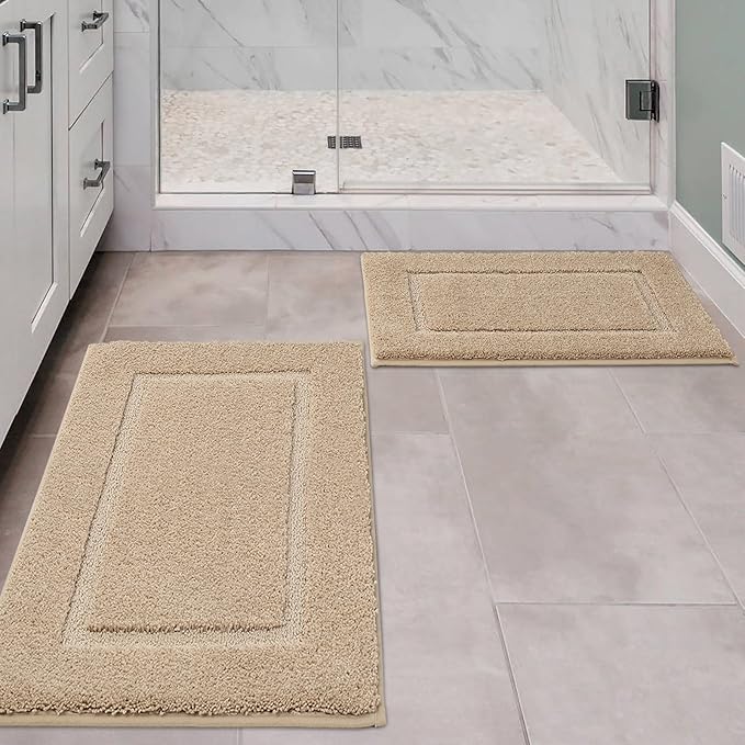 ZOESIOER Bathroom Rugs Sets 2 Piece, Ultra Absorbent Soft Bath Rug, Machine Washable Microfiber Non-Slip Bath Mat for Bathroom Floor, Tub, Toilet, Shower Room, Beige