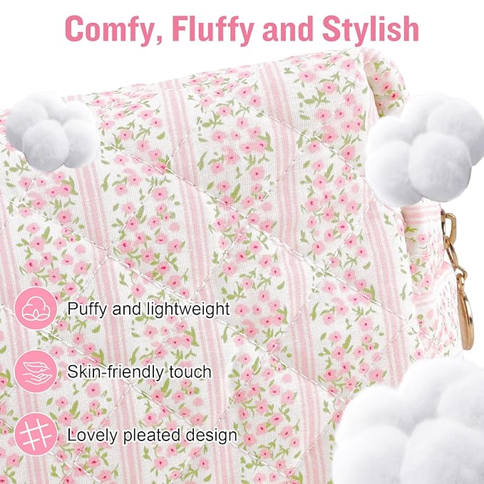 Personalized Quilted Cosmetic Bag, Puffy Monogrammed Christmas Birthday Gifts for Women & Girls, Cute initial Floral Makeup Bag Puffer Coquette Bag, Aesthetic Travel Toiletry Zipper Pouch(Pink,K)