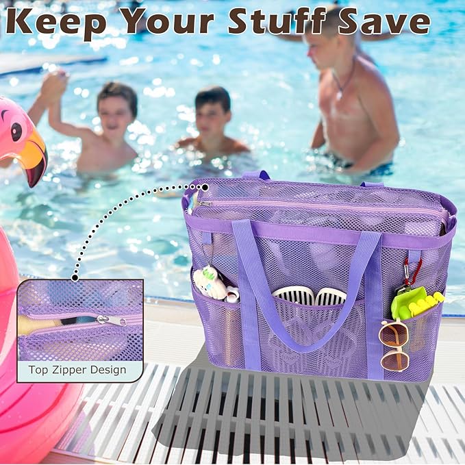 Fammart Mesh Beach Bag, Large Beach Tote Bags with Zipper, Toys Pool Bag for Family Travel Vacation Cruise Essentials