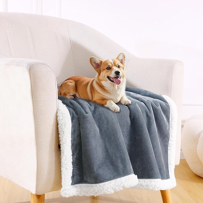 Smiry Waterproof Blanket Throw for Large Dogs, Soft Reversible Dog Blanket for Sofa Couch Bed, Washable Leakproof Sherpa Fleece Furniture Couch Protector(60"x80", Grey/White)