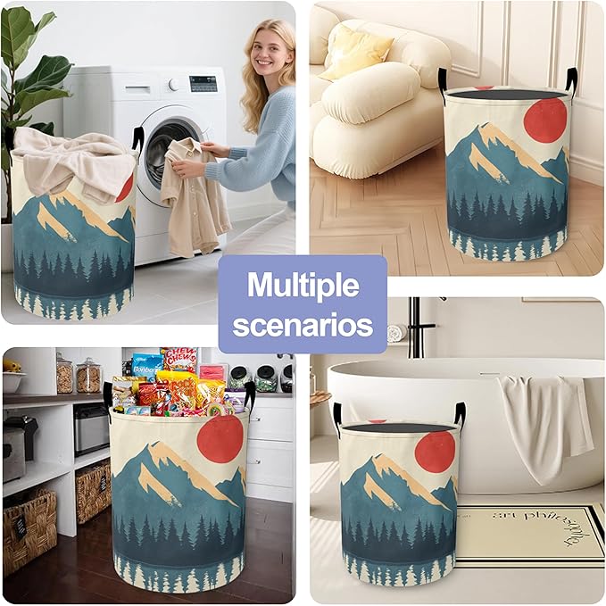 Laundry Basket,Boho Mountains Sun Large Canvas Fabric Lightweight Storage Hamper Organizer Dirty Clothes Collapsible Waterproof for College Dorms,Bathroom