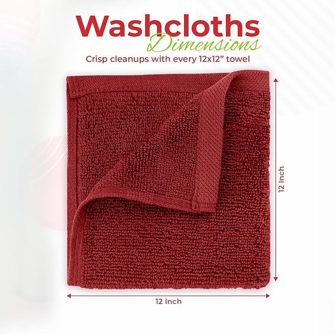 RIVERSIDE 12 Pack Washcloths - 12x12 Inches, 500 GSM, 100% Ring-Spun Cotton - Soft, Absorbent & Durable Face and Body Towels - for Bathroom, Spa, Gym, Makeup Removal & Everyday Use - Red