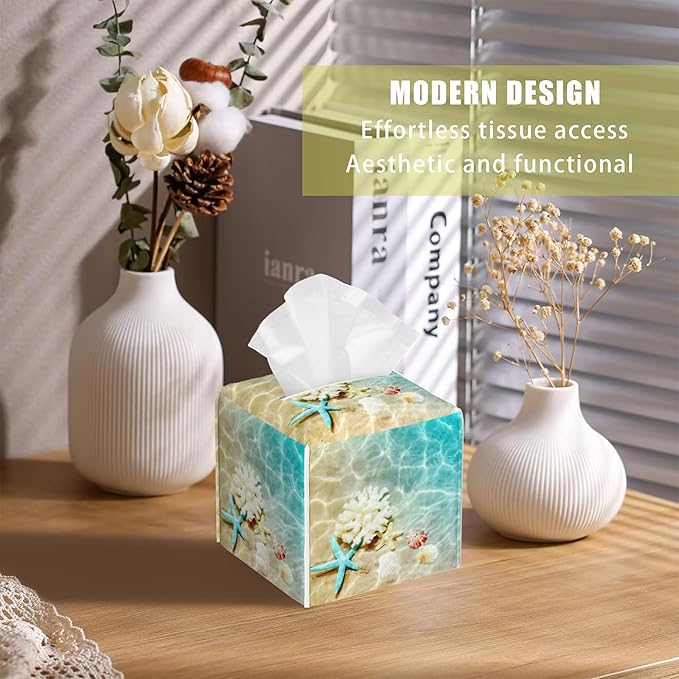 BLYKVGHQ Summer Beach Leather Tissue Box Holder Starfish and Seashell Tissue Box Cover Facial Paper Case Organizer Cube Napkin Dispenser for Bathroom Vanity Countertop Night Stand Office Car