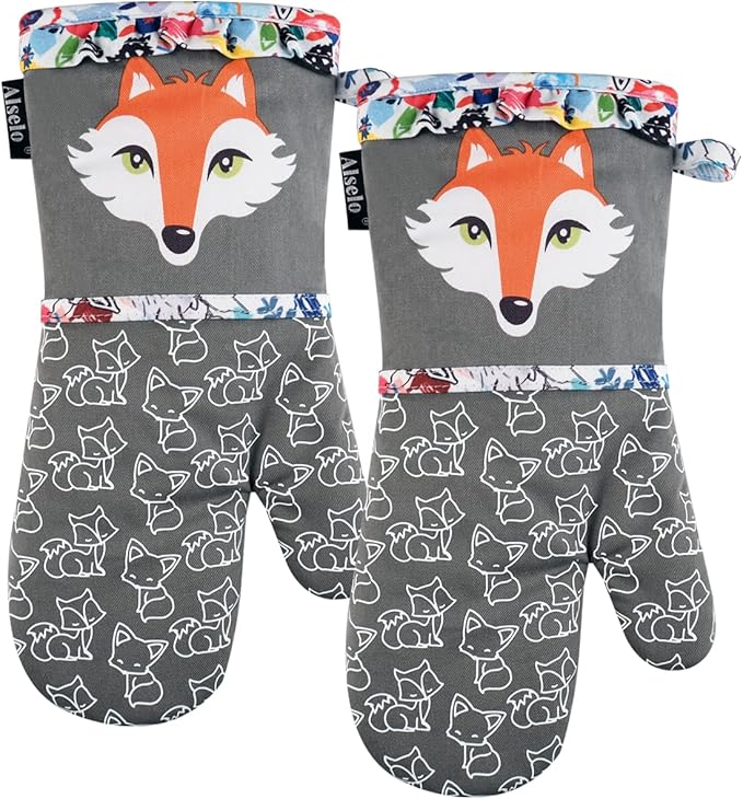 Oven Mitts, Heat Resistant Kitchen Mittens with Soft Quilted Cotton Lining Set of 2, Fashion Animal Design with Silicone Printing Anti-Slip Gloves for Baking Cooking Barbecue (Gray 2)
