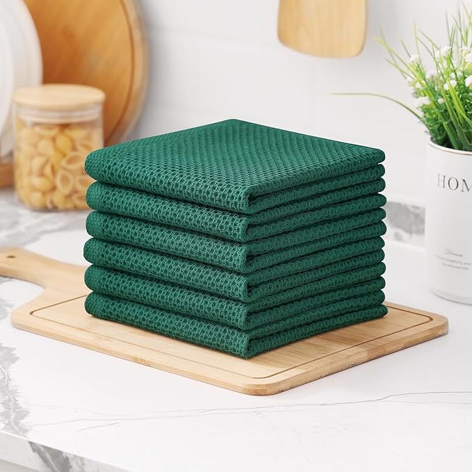 Kitinjoy 100% Cotton Kitchen Dish Cloths, 6 Pack Waffle Weave Ultra Soft Absorbent Dish Towels for Drying Dishes Quick Drying Kitchen Towels Dish Rags, 12 X 12 Inches, Dark Green