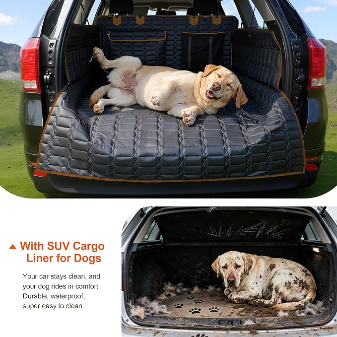 Reliadura SUV Cargo Liner for Dogs, Waterproof Pet Cargo Cover Dog Seat Mat for SUVs Sedans Vans with Bumper Flap Protector, Scrachproof Non-Slip Large Size Dog Seat Mat Universal Fit, Brown
