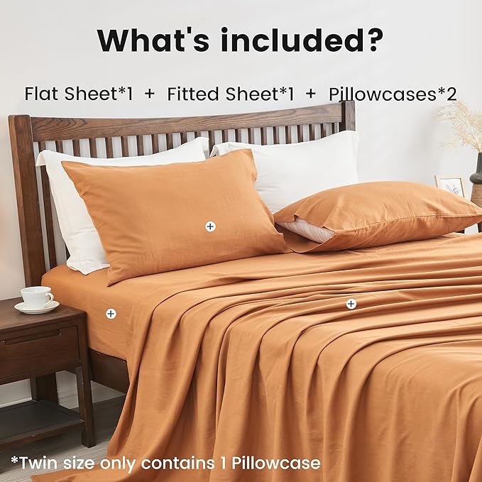 Simple&Opulence Belgian Linen Sheet Set Solid Color - 4 Pieces (1 Flat Sheet, 1 Fitted Sheet & 2 Pillowcases) Natural Flax Cotton Blend Soft Breathable Farmhouse Bedding - King Size, Rust