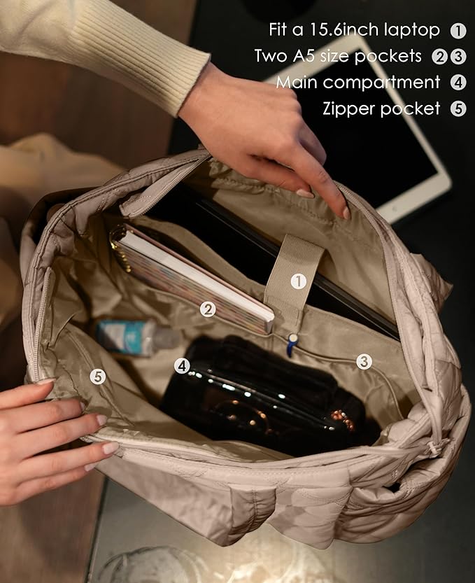 Uselike Tote Bag for Women, Lightweight Puffer Tote Work Bags with Compartments for Travel, Quilted Shoulder Bag with Zipper