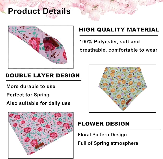 ADOGGYGO Floral Dog Bandana, Red Yellow Rose Pet Scarf, Adjustable Fit Flower Bandanas for Medium Large Dogs Pets (Large)