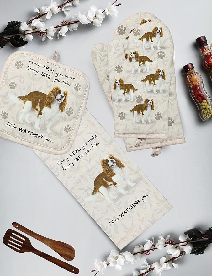 King Charles Cavalier 3-Piece Kitchen Set - Oven Mitt, Pot Holder & Kitchen Towel Set, Heat Resistant up to 420 F, Soft Quilted Cotton for Cooking, Baking, BBQ, Pet Lover Gifts (King Charles Cavalier)