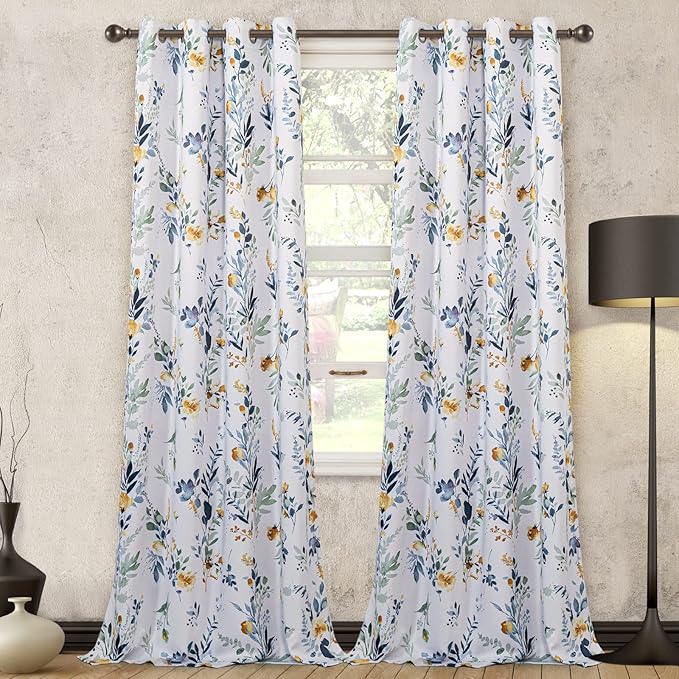 MYSKY HOME Floral Blackout Room Divider Curtains 80 inches Long for Bedroom Patio Sliding Door Thermal Insulated Privacy Curtains for Extra Wide Window Living Room, 2 PCs, Yellow and Blue, 52" Wide
