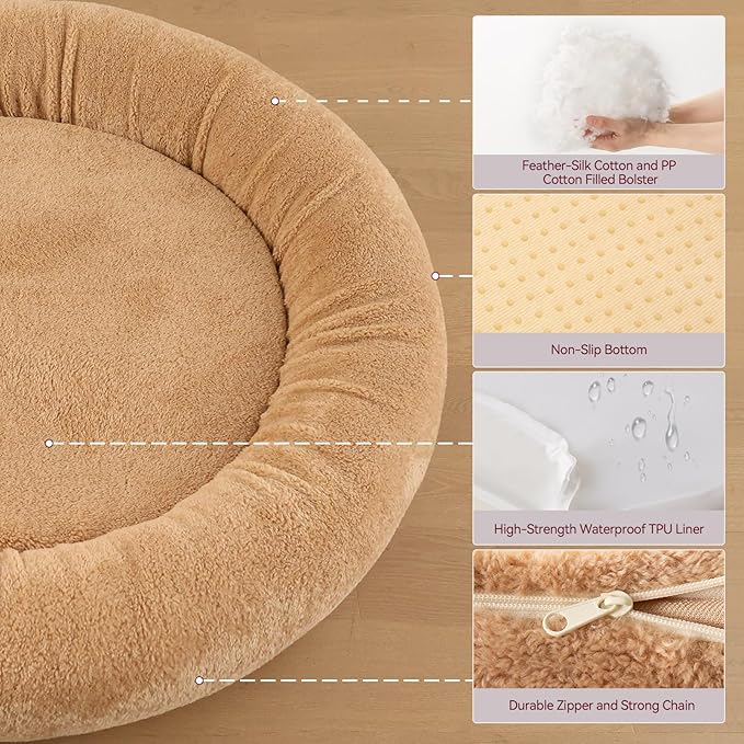 Self-Warming Calming Donut Dog Bed for Medium Dogs – Orthopedic Memory Foam Round Dog Bed, Anxiety Relief & Joint Support, Waterproof Liner, Washable Removable Cover, Non-Slip Bottom, Plush Bolster