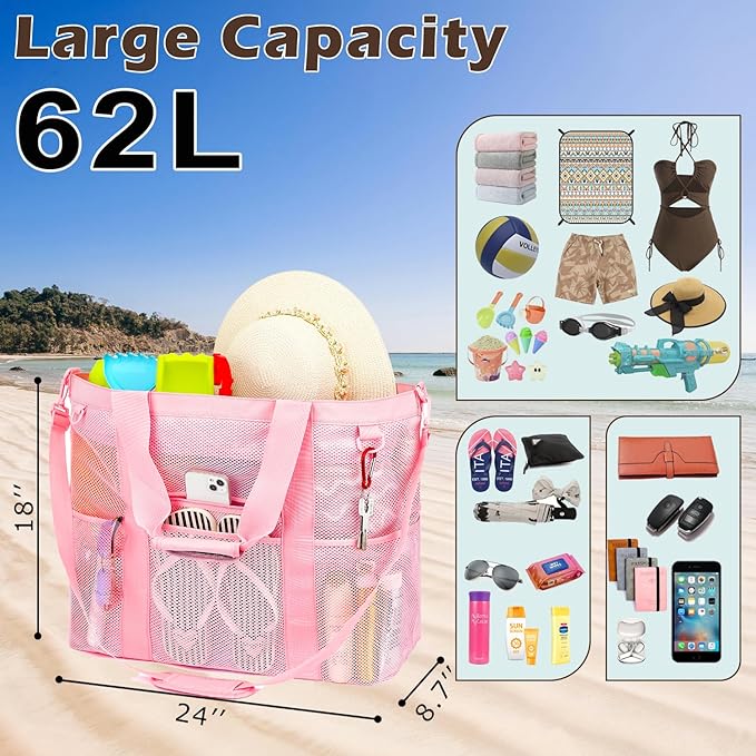 Fammart Mesh Beach Bag, Large Beach Tote Bags with Zipper, Toys Pool Bag for Family Travel Vacation Cruise Essentials