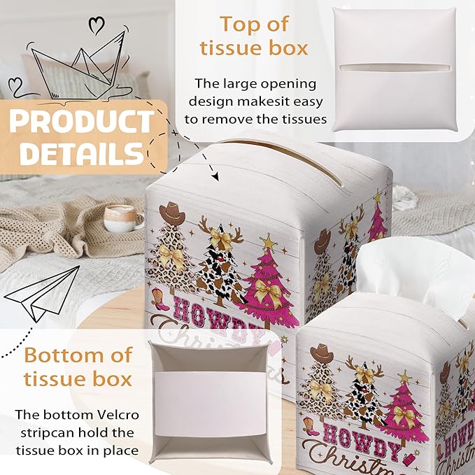 Christmas Tissue Box Holder, Pink Western Cowboy Christmas Trees Leather Tissue Box Cover Square, Coquette Xmas Bow Paper Facial Decorative Tissues Cover for Bathroom Office Home Decor-B04