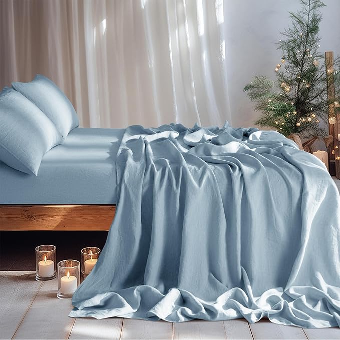 LBRO2M 100% Linen Sheet Set King Size,Bed Sheets 4 Piece Sets,Solid Color Natural Flax Bed Sheets Soft Breathable Bedding,16" Deep Pocket,All Season (King, Dusty Blue)