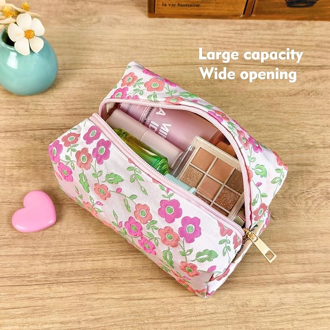 STARDW Cute Floral Makeup Bag for Women, Large Capacity Travel Toiletry Bag with Zipper and Canvas Lining
