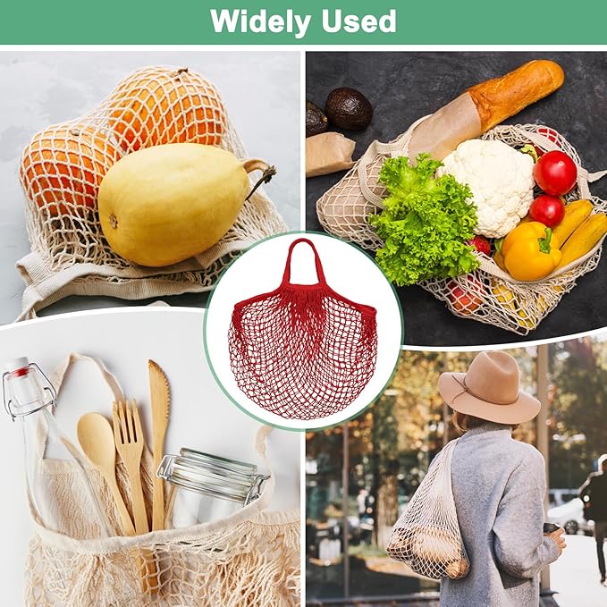 M METERXITY 1-Pack Cotton Mesh Bag, Reusable Washable Mesh Net String Grocery Bags, Reusable Produce Bags with Handle, Net Tote Bag for Fruits/Vegetables Shopping [Red, Short Handle]