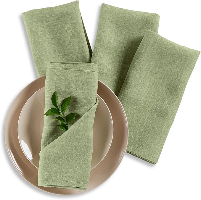 Solino Home Linen Cloth Napkins Set of 4-100% Pure Linen Chambray Olive Dinner Napkins 20 x 20 Inch for Spring, St Patricks Day - Athena, Handcrafted and Machine Washable