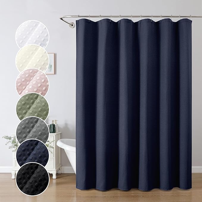 OWENIE Navy Blue Shower Curtain, Waffle Weave Heavy Fabric Shower Curtain for Bathroom, Waterproof Thick Textured 420G/M Soft Elegant Luxury Hotel Spa Bath Curtains, Machine Washable, 72W x 72L