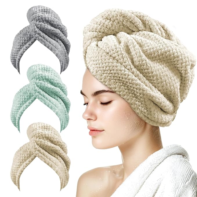 my novel things 3 Pack Microfiber Hair Towel Wrap for Women 25.4" x 9.8", Super Absorbent Quick Dry Towels with Button for Curly Wet Hair Anti Frizz (Camel,Green,Gray)