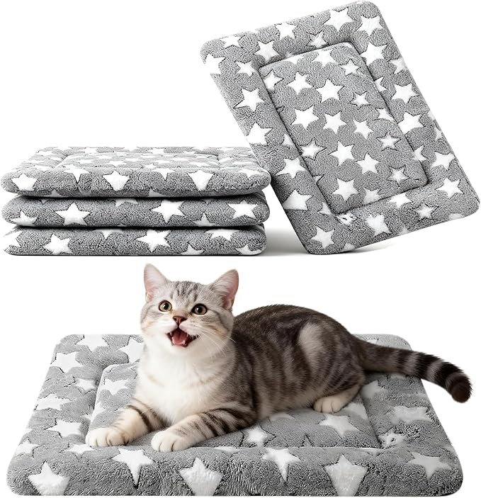 Fogkiss Dog Crate Mat, 4 Piece Reversible Pet Bed, Polyester, Machine Washable, Small Dogs & Cats, Rectangular (Gray Star, 18" L x 14" W x 1.5Th)