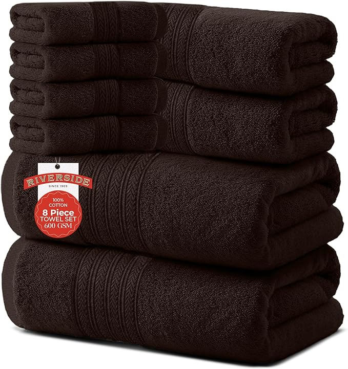 RIVERSIDE Pack of 8 Towels Set, 2 Large Bath, 2 Hand, 4 Face Washcloths, 100% Cotton Hotel Quality, Super Soft, Quick Dry, Highly Absorbent Perfect for Bathroom, Brown