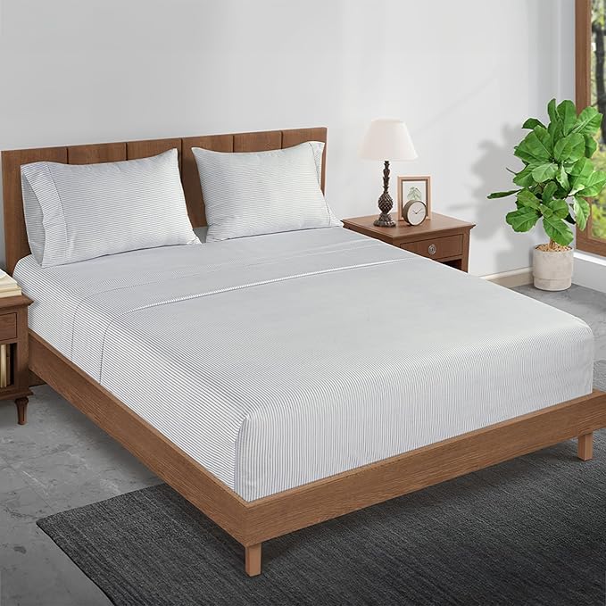 LANE LINEN Cotton Sheets Twin – 450 Thread Count Twin Size Sheet Set, Soft Sateen Weave, 15” Deep Pocket Fits Mattress, Cooling Sheets for Home & Hotel, Ticking Stripe
