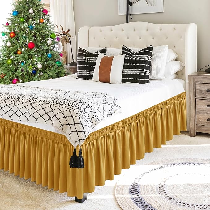 Biscaynebay Wrap Around Bed Skirts for King & Cal King Beds Short Drop of 12", Gold Adjustable Elastic Dust Ruffles Easy Fit Wrinkle Resistant Silky Luxurious Fabric Machine Washable