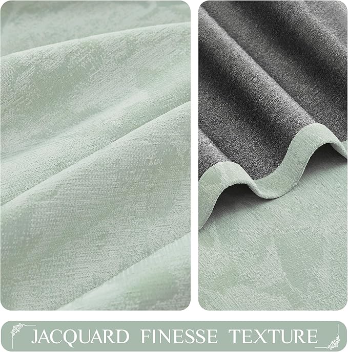 Beauoop Green Floral Jacquard Blackout Curtains 63 Inches Long 2 Panels for Bedroom Living Room Sage Flower Chenille Room Darkening Thermal Insulated Soundproof Grommet Window Treatments Drapes, 52x63