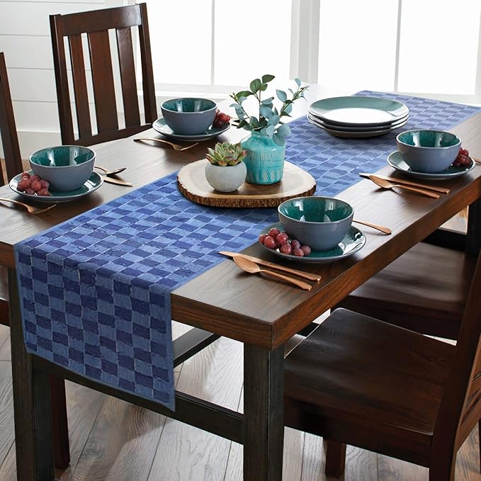 AAYU Denim Table / Bed Runner, Hand Fringed Tape Hand Weaved | 18 Inch X 108 Inch | Premium Quality Denim | Perfect for Wedding, Parties, and Everyday Décor