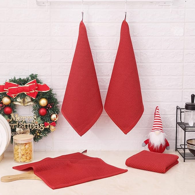 Kitinjoy 100% Cotton Kitchen Dish Cloths, 6 Pack Waffle Weave Ultra Soft Absorbent Dish Towels for Drying Dishes Quick Drying Kitchen Towels Dish Rags, 12 X 12 Inches, Red