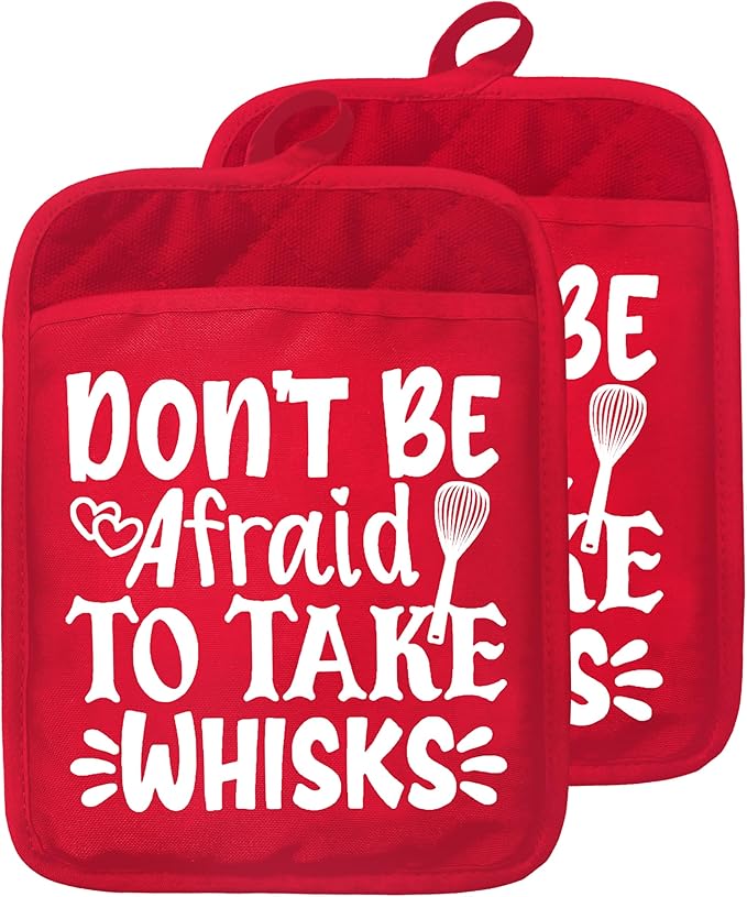 Funny Christmas Baking Pot Holders with Pockets, Don't Afraid to Take Whisks Holiday Christmas Oven Pot Holders Heat Resistant Oven Mitts Hot Pads for Kitchen Baking Cooking
