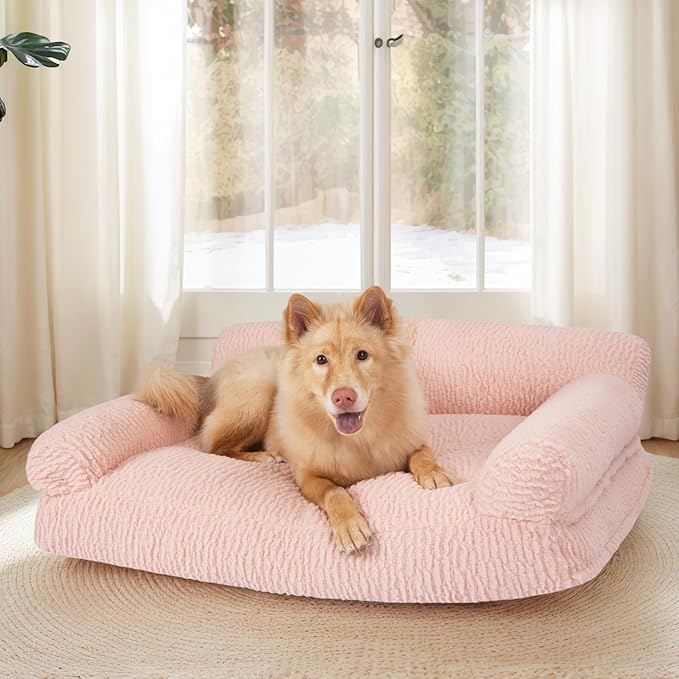KHONSU PET Orthopedic Dog Sofa for Medium Dogs Plush Dog Couch Chair with Removable Washable Cover, Supportive & Durable Bed for Pets Up to 40lbs-Pink