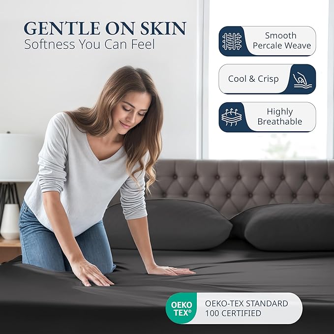 LANE LINEN Fitted Sheet King Size, 100% Organic Cotton, 3-Piece Set (1 Fitted Sheet,2 Pillowcases), Percale Weave, Ultra Soft, Breathable,Fits Mattress Upto 15" Deep - Black (No Flat Sheet)