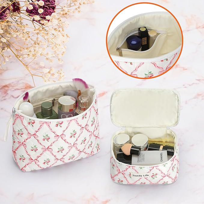 HAOGUAGUA 2 Pieces Makeup Bag, Small Large Quilted Cosmetic Bag, Travel Floral Make Up Toiletry Organizer Bag for Women Girls (2PCS STYLE B-1)