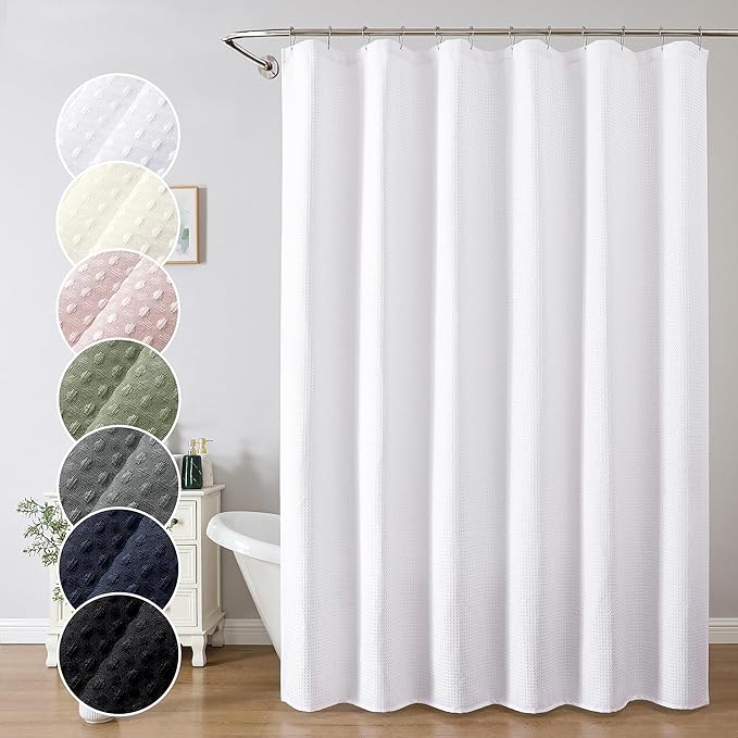OWENIE White Shower Curtain 84 Inches Extra Long, Waffle Weave Heavy Fabric Shower Curtain for Bathroom, Waterproof Soft Hotel Spa Luxury Elegant Bath Curtains, Machine Washable, White, 72x84 Inch