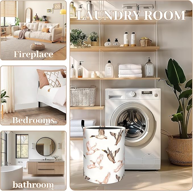ainori Duck Laundry Basket, Oxford Cloth Rustic Nature Dirty Clothes Collapsible Hamper for Room Decor, Animal and White Background Print Gifts Toy Organizer 19.7*15.8 Inch for Bedroom Bathroom Dorm