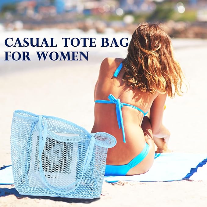 Fammart Mesh Beach Bag, Large Beach Tote with Zipper Pocket for Family Pool Bag for Toys & Vacation Essentials