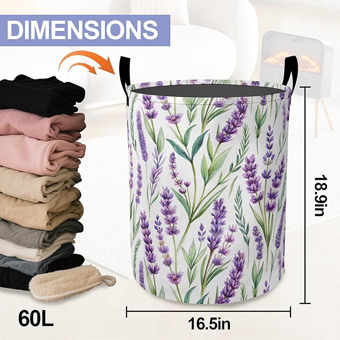 Laundry Basket,Purple Lavender Large Canvas Fabric Lightweight Storage Hamper Organizer Dirty Clothes Collapsible Waterproof for College Dorms,Bathroom