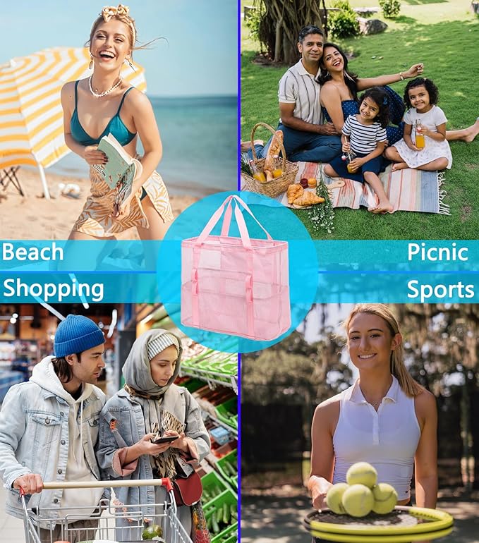 Fammart Mesh Beach Bag, Large Beach Tote Bags with Zipper, Toys Pool Bag for Family Travel Vacation Cruise Essentials