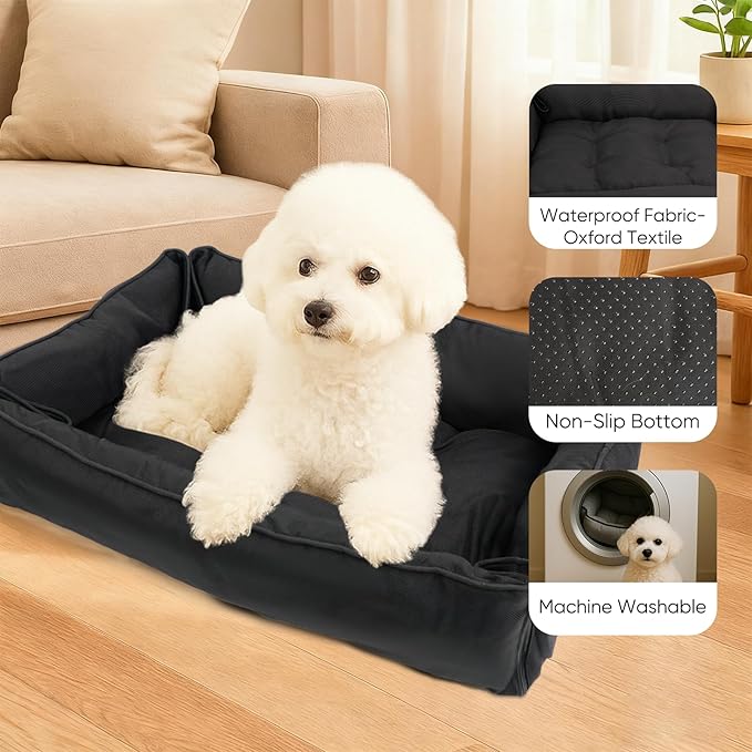 FuzzyTrek Waterproof Oxford Dog Bed, Foldable Crate Mat for Small Medium Dogs, Orthopedic Pet Cushion with PP Cotton, Chew Resistant, Anti-Slip Base, Indoor Outdoor Washable Portable Bed, Black