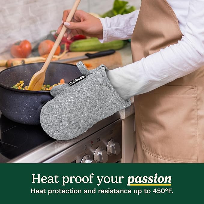 Cuisinart ShieldPro Silicone Oven Mitts – 5” x 8.5” Heat-Resistant Mini Kitchen Mitts for Oven with Non-Slip 100% Silicone Palm, Cotton Filling, and Hanging Loop (Gray)