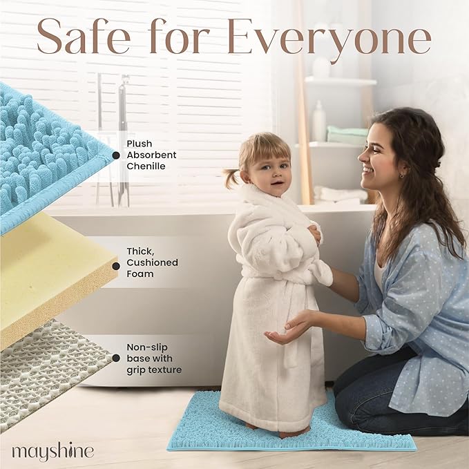 MAYSHINE Plush Shaggy Chenille Bath Mat | Extra Soft, Super Absorbent, Non-Slip Bathroom Rug | Fluffy Microfiber, Area Rug Sets for Bathroom Floor, Kitchen, Living Room | 23"x14" | Spa Blue